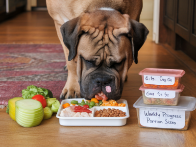 Calorie-by-calorie weight-loss plan for an overweight bullmastiff: sample meals, portions and weekly progress targets