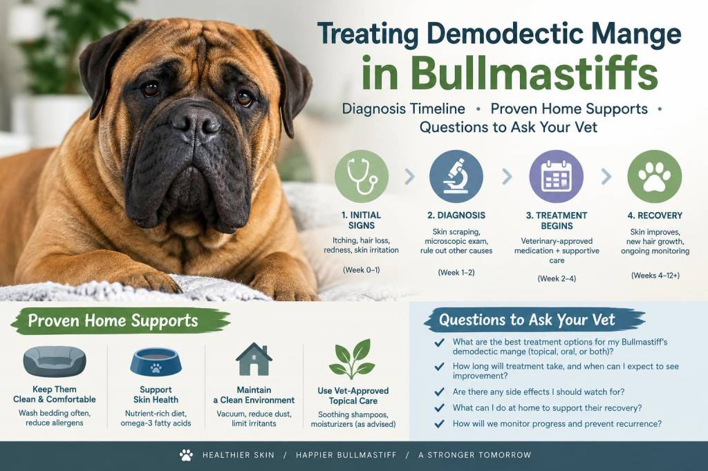 Treating demodectic mange in bullmastiffs: diagnosis timeline, proven home supports and questions to ask your vet
