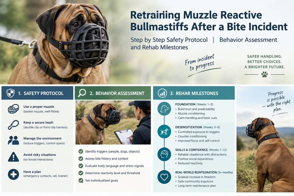 Retraining muzzle-reactive bullmastiffs after a bite incident: step-by-step safety protocol, behavior assessment and rehab milestones